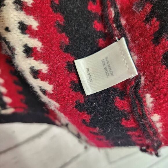 J Jill Women Fair Isle Black Red Open Front Shawl Cardigan M L Poncho Wool - Picture 10 of 13